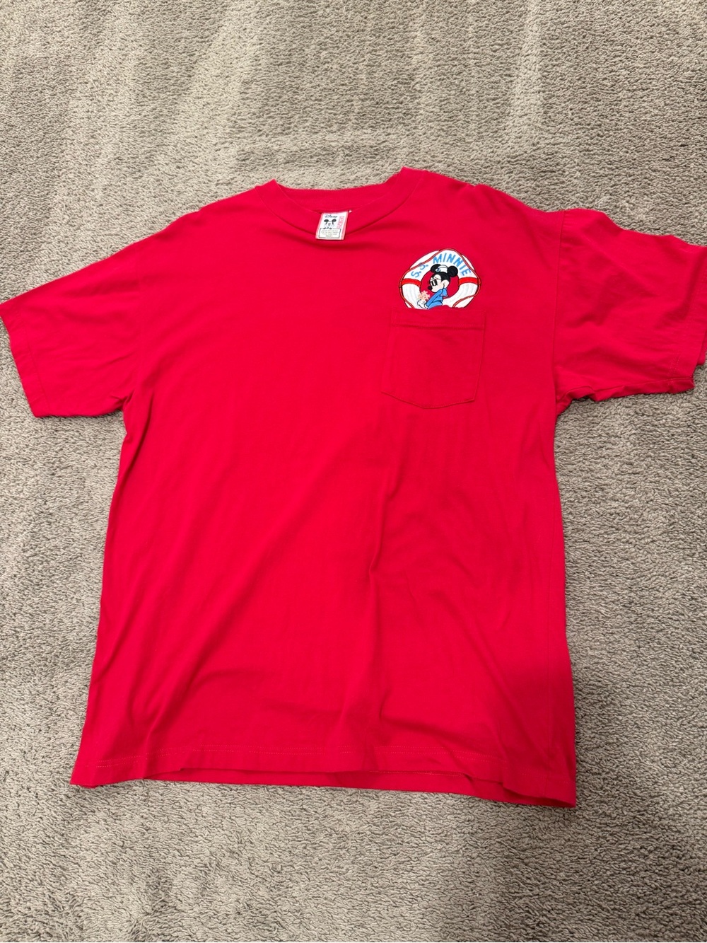 Disney Red Crewneck Tee with Mickey Tag Accent